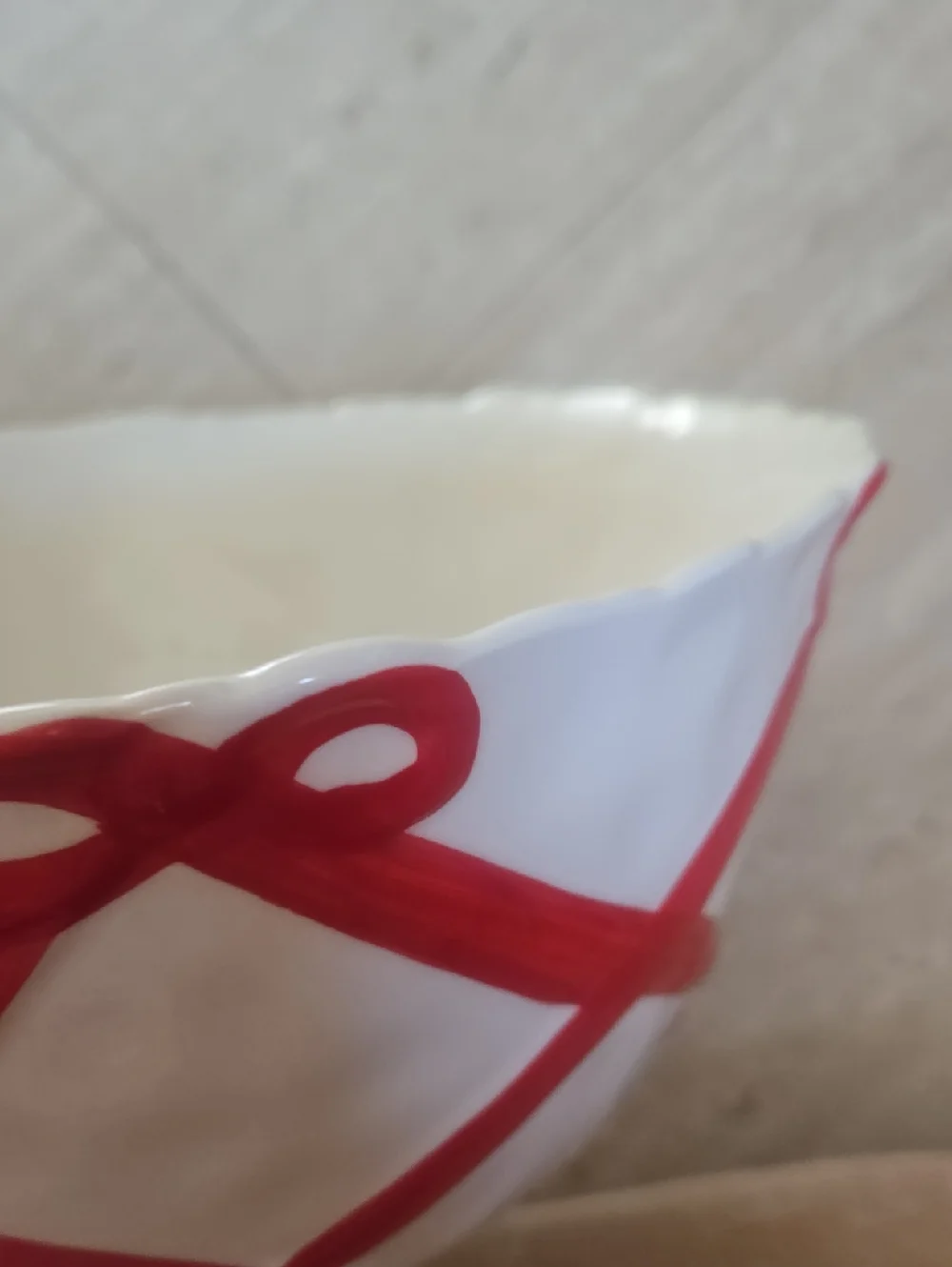 Anthropologie Large White/Red Ribbon Accent Serving Bowl